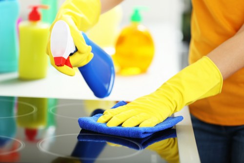 Technician carefully cleaning the interior of a built-in oven